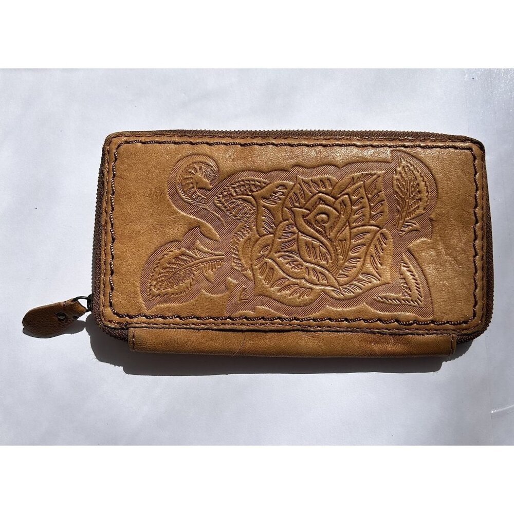 Lucky Brand Tooled Leather Zip Wallet in Tan Brown